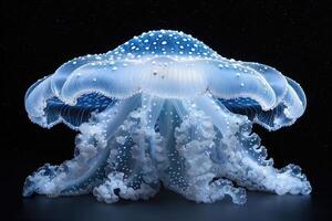 ai generado el marina Medusa brilla con luminiscente en contra de el oscuro mar profesional fotografía foto