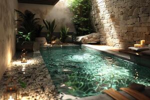 AI generated interior design of a modern semi indoor pool inspiration ideas professional photography photo