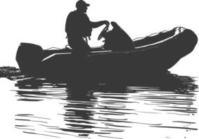 AI generated Silhouette a man driving inflatable boat the boat is traveling black color only vector