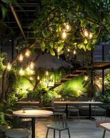 AI generated eco restaurant with lights photo