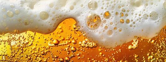 AI generated Ultra close up view of beer texture with foam photo