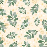 Green branches with leaves on cream yellow backdrop vector seamless pattern. Delicate texture for printing on various surfaces or use in graphic design.