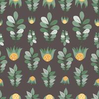 Symmetrical vector seamless pattern with green floral elements on gray brown backdrop. Attractive texture for printing on various surfaces or use in graphic design.
