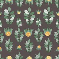 Symmetrical vector seamless pattern with green floral elements on gray brown backdrop. Attractive texture for printing on various surfaces or use in graphic design.