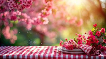 AI generated Spring Table With Trees In Bloom And Defocused Sunny Garden In Background photo