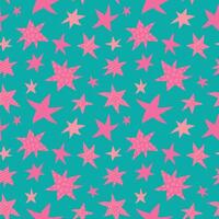 Freehand drawn ornamented pink stars on teal background seamless vector pattern illustration. Simple attractive ornament with stars for printing on different surfaces.
