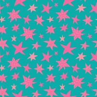 Freehand drawn ornamented pink stars on teal background seamless vector pattern illustration. Simple attractive ornament with stars for printing on different surfaces.