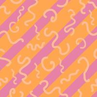 Abstract curvy peach colored lines on diagonally striped orange and pink background vector seamless pattern. Creative art texture for printing on different surfaces.