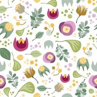 Vector seamless floral pattern with flowers, leaves and branches on white backdrop. Creative art texture for printing on textile, wrapping, packages, apparel, homeware etc. or use in graphic design