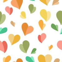 Colorful seamless vector pattern with green, orange and yellow shaded hearts on white backdrop. Attractive art texture for printing on various surfaces or usage in graphic design projects.