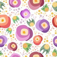 Colorful floral elements on white backdrop vector seamless pattern. Violet, rose and red flowers with green and yellow floral elements pattern. Attractive texture for printing on various surfaces.