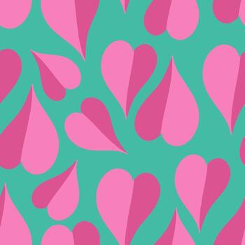 Attractive pink hearts on blue green background vector seamless pattern. Attractive and vibrant art texture for printing on various surfaces or usage in graphic design projects.