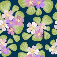 Soft pastel floral elements on dark blue backdrop vector seamless pattern. Bunches of pink and violet flowers and pastel grass green leaves repeated in attractive surface art design.