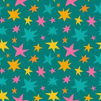 dibujado a mano neón rosa, amarillo, naranja y verde azulado estrellas en oscuro turquesa antecedentes sin costura vector modelo. creativo vistoso textura para impresión en tela, envase, textil, fondo de pantalla, vestir etc.