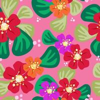 Vivid and bright vector seamless pattern of red, pink and orange flowers and leaves on pink background. Attractive art texture for printing on various surfaces or use in graphic design.