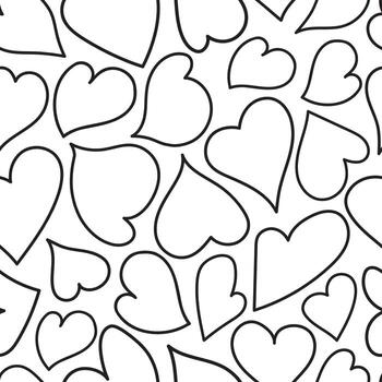 Black contour hearts seamless vector pattern. Simple monochrome ornament with hearts isolated on white backdrop. Elegant and subtle texture for printing on fabric, wrapping, wallpaper, apparel etc.