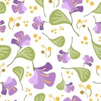 Composition of violet flowers with green leaves, yellow stamens and pollen grains in vector seamless pattern. Attractive art texture for printing on fabric, wrapping, homeware, wallpaper, apparel etc.