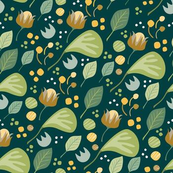 Green, yellow and ocher shaded floral elements on dark teal backdrop vector seamless pattern. Attractive texture art for printing on various surfaces or use in graphic design.