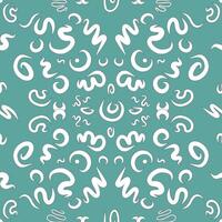 Curved doodle lines in vector seamless pattern that resembles carpet design. Elegant ornament with white calligraphy lines on teal backdrop. Creative art texture for printing on different surfaces