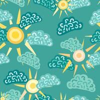 Winter sun and teal shaded clouds on blue green backdrop vector seamless pattern. Creative kids pattern of a cloudy winter sky for textile, wrapping, package, wallpaper, apparel, homeware etc...