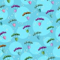 Colorful hearts, parachutes and snowflakes arranged on blue sky vector seamless pattern. Creative children's pattern for textile, wrapping, package, wallpaper, apparel etc.