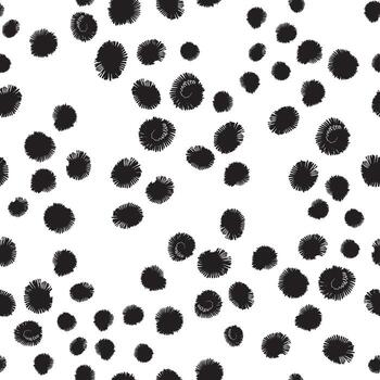 Hand painted spots resembling sea urchins simple vector seamless pattern. Black dots ranging in size on white backdrop. Subtle art texture for printing on various surfaces or usage in graphic design.
