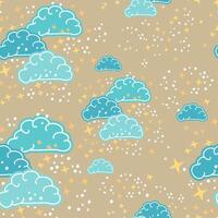 Oriental teal shaded curly clouds, yellow stars and snowflakes on golden backdrop vector seamless pattern. Attractive surface art for printing on textile, wrapping, package, wallpaper, apparel, etc...