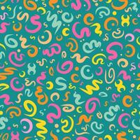 Curved calligraphy lines in vector seamless pattern in carpet design style. Attractive ornament with colorful curly lines on teal backdrop. Creative art texture for printing on different surfaces.