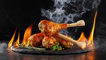 AI generated Chicken meat with smoke and flame, closeup barbecue concept chicken fresh raw cut Generated AI photo