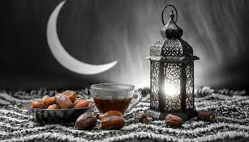 ai generado tradicional Ramadán y eid linterna lámpara con creciente luna, fechas y frutas en un cuenco en alfombra, generado ai foto