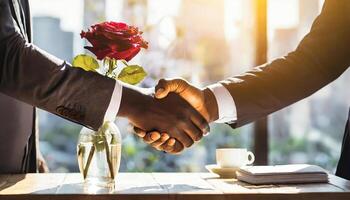 ai generado negocio camaradería reunión. imagen del hombre de negocios apretón de manos. flor en un florero en atrás, generado ai foto