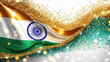 AI generated India Flag gold particle. Christmas Golden light shine particles bokeh on white background, Generated AI photo