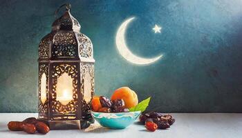 ai generado tradicional Ramadán y eid linterna lámpara con creciente luna, fechas y frutas en un cuenco en alfombra, generado ai foto