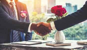 AI generated Business partnership meeting. Picture businessman's handshake. flower in a vase on back, Generated AI photo