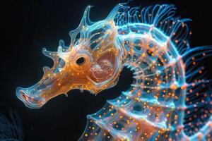 AI generated The marine seahorse glows with luminescent against of the dark sea professional photography photo