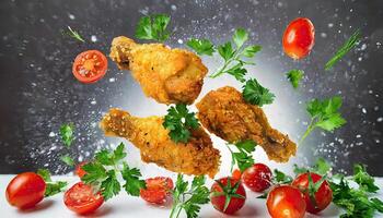 AI generated Flying elements of fried chicken with tomatoes and parsley, tasty food for quick distribution Generated AI photo