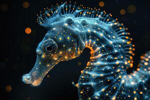 AI generated The marine seahorse glows with luminescent against of the dark sea professional photography photo