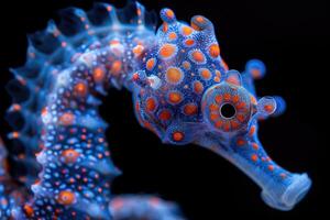 AI generated The marine seahorse glows with luminescent against of the dark sea professional photography photo