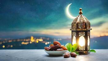 ai generado eid Mubarak fondo, tradicional Ramadán linterna lámpara con creciente Luna tema, generado ai foto