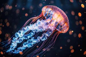 AI generated The marine jellyfish glows with luminescent against of the dark sea professional photography photo