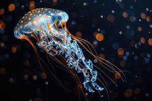 AI generated The marine jellyfish glows with luminescent against of the dark sea professional photography photo