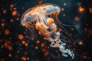 AI generated The marine jellyfish glows with luminescent against of the dark sea professional photography photo