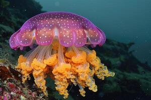 AI generated The marine jellyfish glows with luminescent against of the dark sea professional photography photo