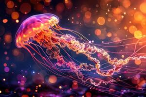 AI generated The marine jellyfish glows with luminescent against of the dark sea professional photography photo