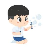 Kid boy student blowing soap bubbles vector