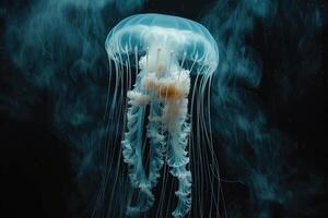 AI generated The marine jellyfish glows with luminescent against of the dark sea professional photography photo