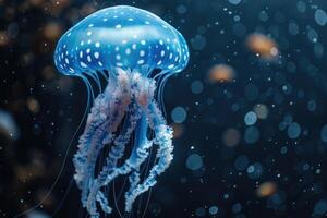 AI generated The marine jellyfish glows with luminescent against of the dark sea professional photography photo