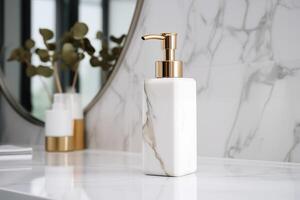 AI generated Elegant marble-patterned soap dispenser with gold pump on a bathroom counter, reflecting in a mirror. Empty bottle mockup photo