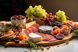 ai generado elegante charcutería tablero con clasificado quesos y curado carnes foto