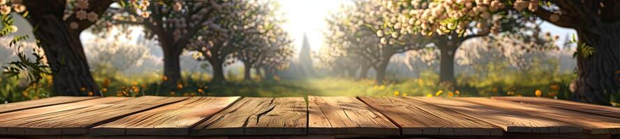 AI generated Spring Table With Trees In Bloom And Defocused Sunny Garden In Background photo